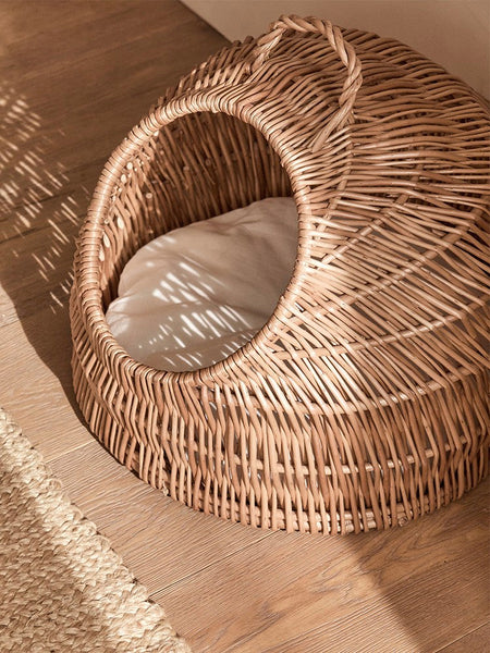 Indoor Cat Bed, Natural Wicker Cat House Basket with Washable Cushion for Indoor Cats and Dogs-LargePaintingArt.com