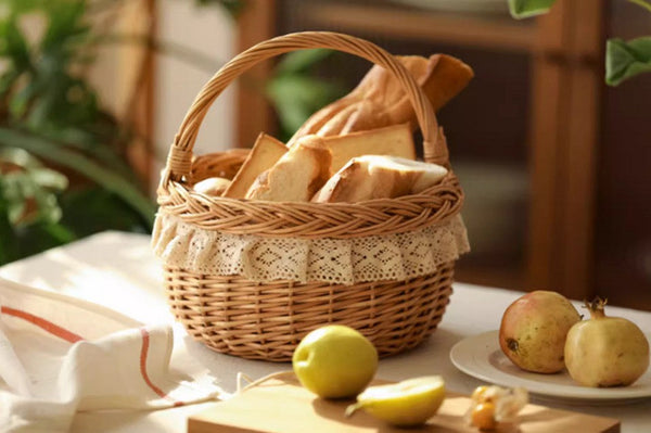 Storage Basket for Shelves, Picnic Storage Basket with Handle, Hand-woven Wicker Storage Basket, Natural Fruit Basket, Willow Weaving Baskets for Kitchen