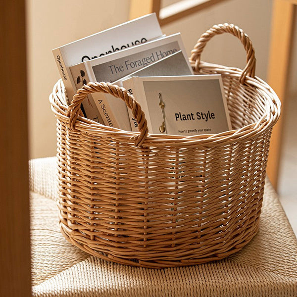 Small Picnic Fruit Basket with Handle, Kitchen Storage Baskets, Natural Hand-woven Wicker Round Storage Basket, Small Willow Weaving Baskets for Vegetable, Natural Fruit Storage Basket