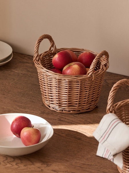 Large Picnic Fruit Basket with Handle, Natural Hand-woven Wicker Round Storage Basket, Lovely Willow Weaving Baskets for Vegetable, Natural Fruit Storage Basket, Kitchen Storage Baskets-LargePaintingArt.com