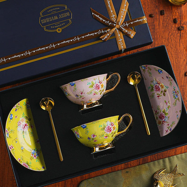 Flower Tea Cup and Saucer Set of 2 Cups in Gift Box, Porcelain Tea Cup Saucer Set, Floral Ceramic Coffee Cup with Saucer, Beautiful British Tea Cup and Saucer-LargePaintingArt.com