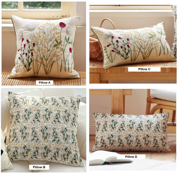 Decorative Pillows for Couch, Farmhouse Decorative Pillows for Sofa, Embroider Flower Cotton Pillow Covers, Spring Flower Decorative Pillows for Bedroom-LargePaintingArt.com