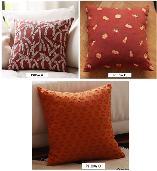 Wheat Stalk Pumpkin Decorative Throw Pillows, Decorative Pillows for Couch, Farmhouse Sofa Decorative Pillows, Embroider Cotton Pillow Covers-LargePaintingArt.com