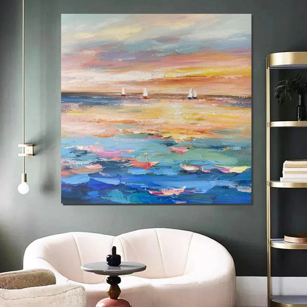 Abstract Landscape Wall Art for Bedroom, Sail Boat at Sea, Contemporary Modern Artwork, Large Modern Canvas Painting, Hand Painted Wall Art Painting-LargePaintingArt.com