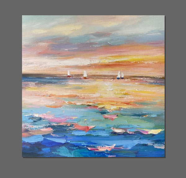 Abstract Landscape Wall Art for Bedroom, Sail Boat at Sea, Contemporary Modern Artwork, Large Modern Canvas Painting, Hand Painted Wall Art Painting-LargePaintingArt.com