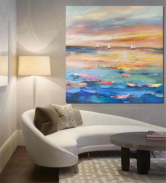 Abstract Landscape Wall Art for Bedroom, Sail Boat at Sea, Contemporary Modern Artwork, Large Modern Canvas Painting, Hand Painted Wall Art Painting-LargePaintingArt.com