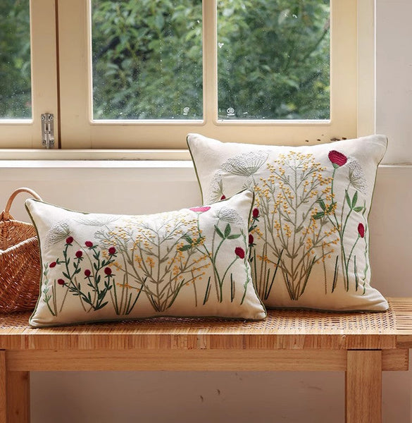 Farmhouse Decorative Pillows for Sofa, Embroider Flower Cotton Pillow Covers, Spring Flower Decorative Pillows for Bedroom, Decorative Pillows for Couch-LargePaintingArt.com