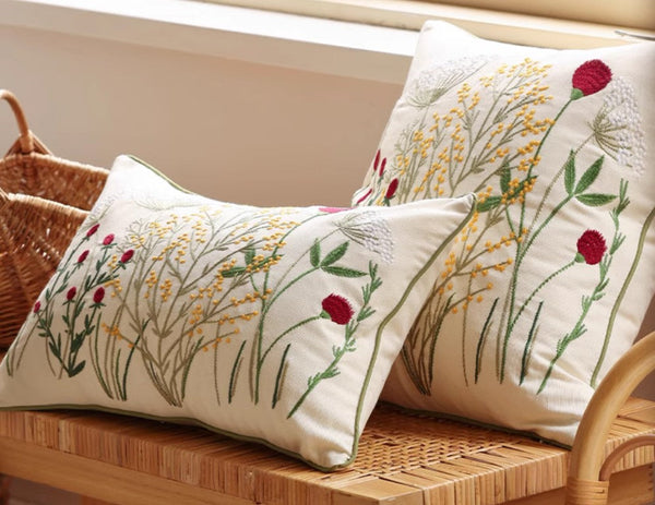 Decorative Pillows for Couch, Farmhouse Decorative Pillows for Sofa, Embroider Flower Cotton Pillow Covers, Spring Flower Decorative Pillows for Bedroom-LargePaintingArt.com