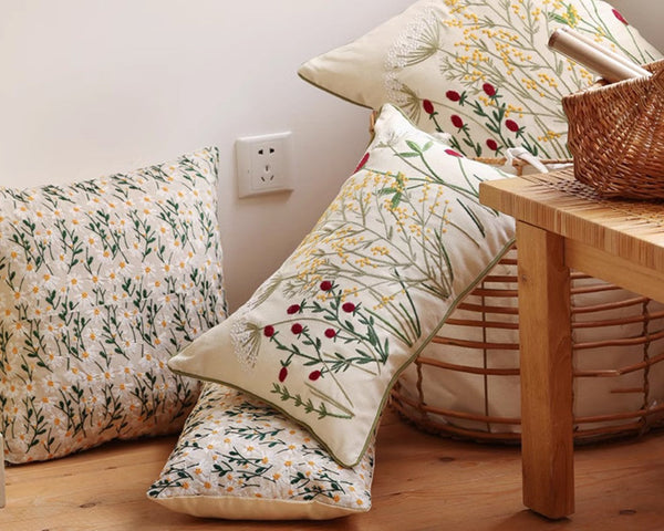 Decorative Pillows for Couch, Farmhouse Decorative Pillows for Sofa, Embroider Flower Cotton Pillow Covers, Spring Flower Decorative Pillows for Bedroom-LargePaintingArt.com