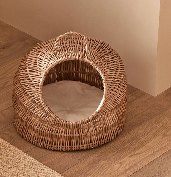 Indoor Cat Bed, Natural Wicker Cat House Basket with Washable Cushion for Indoor Cats and Dogs-LargePaintingArt.com