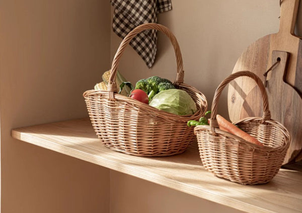 Natural Hand-woven Wicker Storage Basket, Large Picnic Food Basket with Handle, Lovely Willow Weaving Baskets for Vegetable, Natural Fruit Basket, Kitchen Storage Baskets-LargePaintingArt.com