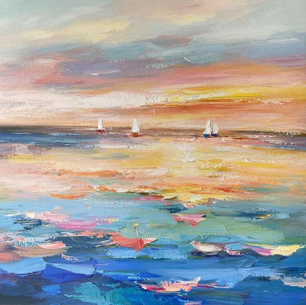 Abstract Landscape Wall Art for Bedroom, Sail Boat at Sea, Contemporary Modern Artwork, Large Modern Canvas Painting, Hand Painted Wall Art Painting-LargePaintingArt.com
