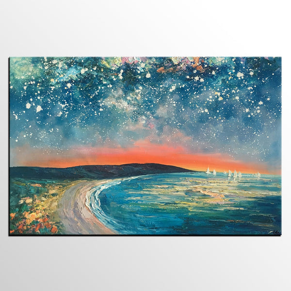 Starry Night Sky Seashore Painting, Abstract Art Painting, Canvas Oil Painting, Heavy Texture Art, Bedroom Wall Art, Landscape Painting, Large Art, Original Art-LargePaintingArt.com