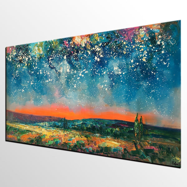Original Landscape Painting, Starry Night Sky Painting, Bedroom Wall Art Paintings, Custom Original Painting for Sale-LargePaintingArt.com