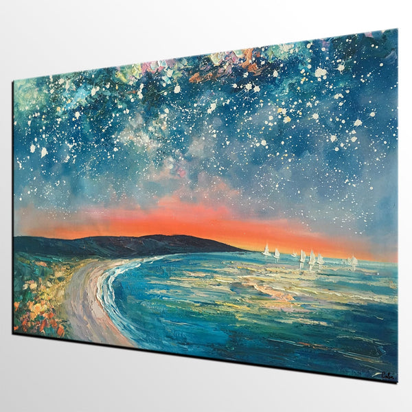 Starry Night Sky Seashore Painting, Abstract Art Painting, Canvas Oil Painting, Heavy Texture Art, Bedroom Wall Art, Landscape Painting, Large Art, Original Art-LargePaintingArt.com
