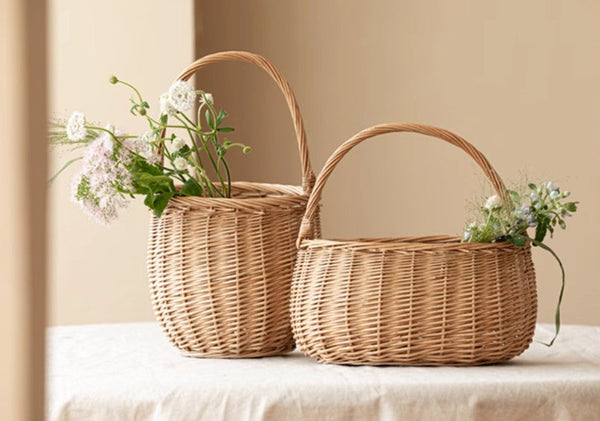 Wicker Storage Basket for Kitchen, Hand-woven Picnic Food Basket with Handle, Willow Weaving Baskets for Vegetable, Natural Fruit Basket, Storage Basket for Shelves