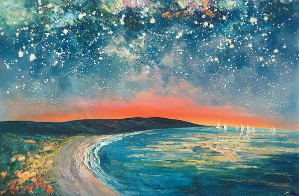 Starry Night Sky Seashore Painting, Abstract Art Painting, Canvas Oil Painting, Heavy Texture Art, Bedroom Wall Art, Landscape Painting, Large Art, Original Art-LargePaintingArt.com
