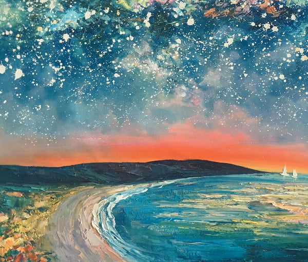 Starry Night Sky Seashore Painting, Abstract Art Painting, Canvas Oil Painting, Heavy Texture Art, Bedroom Wall Art, Landscape Painting, Large Art, Original Art-LargePaintingArt.com