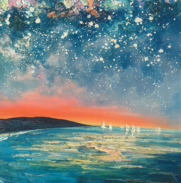 Starry Night Sky Seashore Painting, Abstract Art Painting, Canvas Oil Painting, Heavy Texture Art, Bedroom Wall Art, Landscape Painting, Large Art, Original Art-LargePaintingArt.com