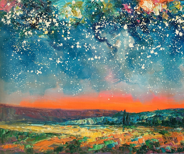Original Landscape Painting, Starry Night Sky Painting, Bedroom Wall Art Paintings, Custom Original Painting for Sale-LargePaintingArt.com