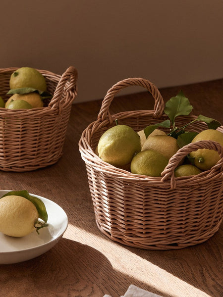 Large Picnic Fruit Basket with Handle, Natural Hand-woven Wicker Round Storage Basket, Lovely Willow Weaving Baskets for Vegetable, Natural Fruit Storage Basket, Kitchen Storage Baskets-LargePaintingArt.com