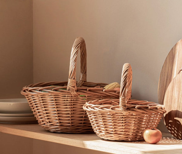 Large Picnic Food Basket with Handle, Lovely Willow Weaving Baskets for Vegetable, Natural Hand-woven Wicker Storage Basket, Natural Fruit Basket, Kitchen Storage Baskets-LargePaintingArt.com