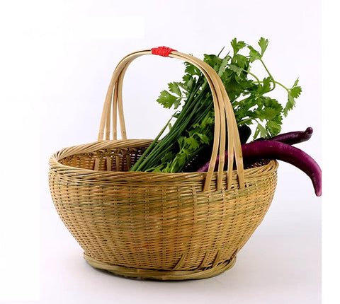 Picnic Food Basket with Handle, Large Natural Hand-woven Bamboo Basket, Natural Fruit Basket Lovely Bamboo Baskets for Vegetable, Kitchen Storage Baskets-LargePaintingArt.com
