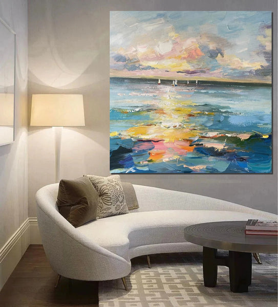 Sail Boat at Sea, Contemporary Modern Artwork, Abstract Landscape Wall Art for Bedroom, Large Modern Canvas Painting, Hand Painted Wall Art Painting-LargePaintingArt.com