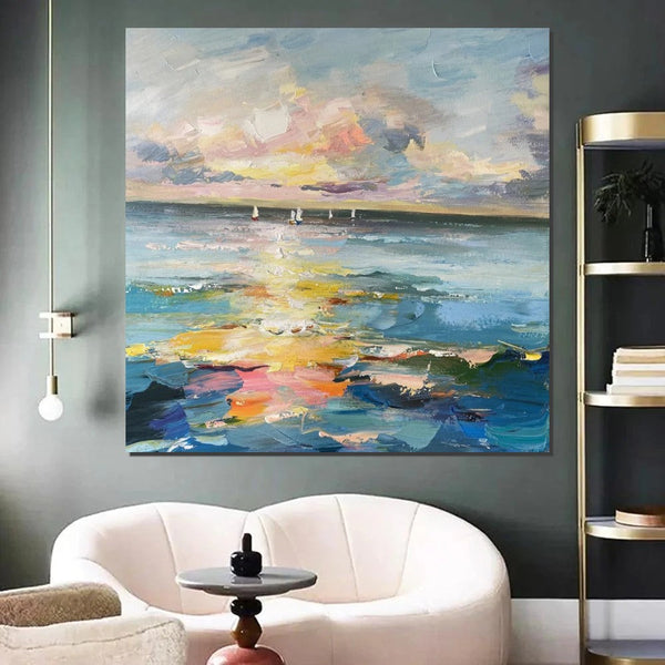 Sail Boat at Sea, Contemporary Modern Artwork, Abstract Landscape Wall Art for Bedroom, Large Modern Canvas Painting, Hand Painted Wall Art Painting-LargePaintingArt.com