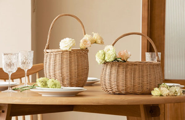 Wicker Storage Basket for Kitchen, Hand-woven Picnic Food Basket with Handle, Willow Weaving Baskets for Vegetable, Natural Fruit Basket, Storage Basket for Shelves