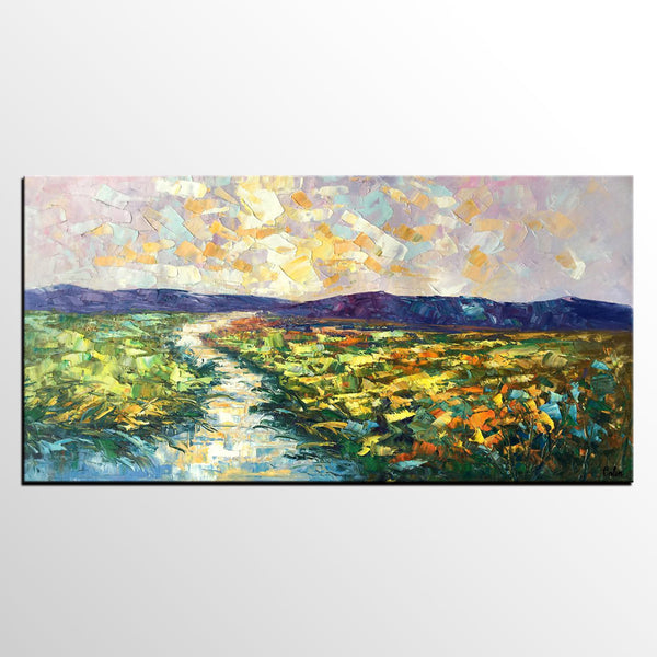 Mountain River Painting, Canvas Oil Paintings, Bedroom Wall Art Paintings, Custom Large Original Oil Painting-LargePaintingArt.com
