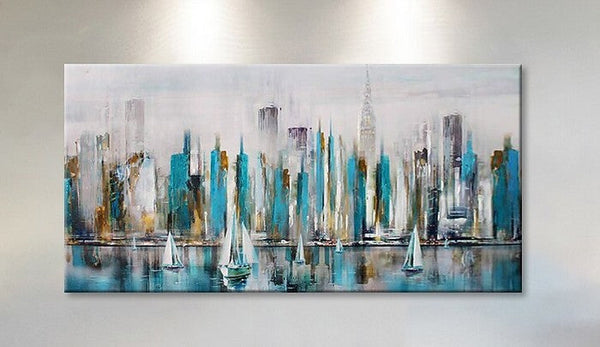 Sail Boat Painting, Cityscape Painting, Abstract Landscape Art, Wall Art Paintings, Simple Modern Paintings for Living Room-LargePaintingArt.com