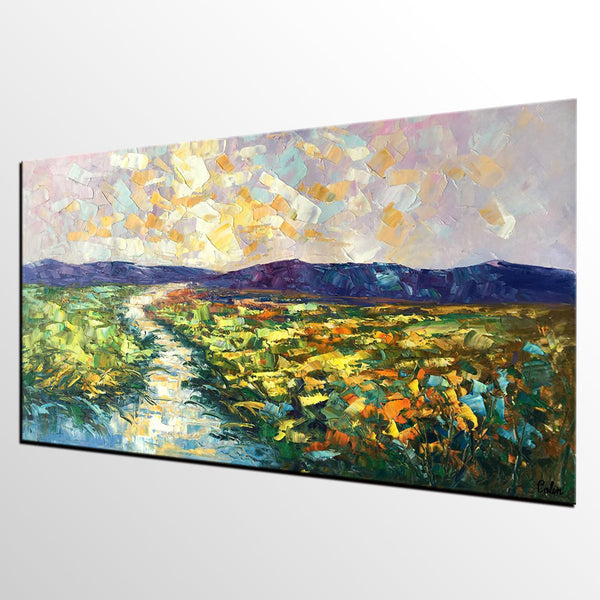 Mountain River Painting, Canvas Oil Paintings, Bedroom Wall Art Paintings, Custom Large Original Oil Painting-LargePaintingArt.com