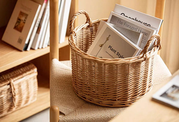 Small Picnic Fruit Basket with Handle, Kitchen Storage Baskets, Natural Hand-woven Wicker Round Storage Basket, Small Willow Weaving Baskets for Vegetable, Natural Fruit Storage Basket