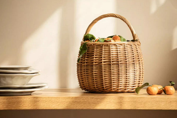 Storage Basket for Kitchen, Picnic Storage Basket with Handle, Hand-woven Wicker Storage Basket, Natural Fruit Basket, Willow Weaving Baskets for Vegetable