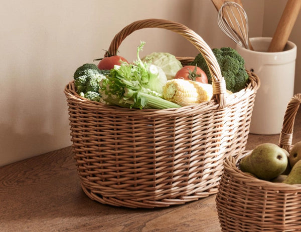 Large Picnic Food Basket with Handle, Natural Hand-woven Wicker Storage Basket, Willow Weaving Baskets for Vegetable, Natural Fruit Basket, Kitchen Storage Baskets-LargePaintingArt.com