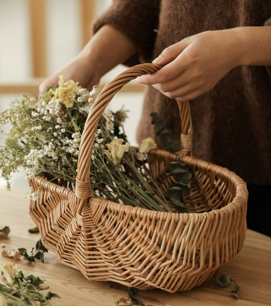 Natural Fruit Basket, Kitchen Storage Baskets, Natural Hand-woven Wicker Storage Basket, Large Picnic Food Basket with Handle, Lovely Willow Weaving Baskets for Vegetable-LargePaintingArt.com