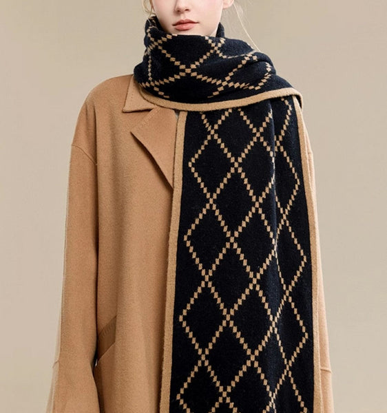 Elegant Wool Scarves, Black Brown Warm Winter Scarf, Winter Wool Scarf, Soft Cashmere Scarf for Women, Cold Weather Scarf, Fashion Scarf, Christmas Gifts for Her, Holiday Scarf-LargePaintingArt.com