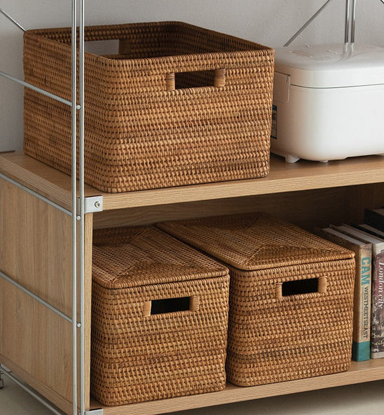 Rattan Storage Basket for Shelves, Rectangular Storage Basket with Lid, Extra Large Storage Baskets for Bedroom, Storage Baskets for Clothes-LargePaintingArt.com