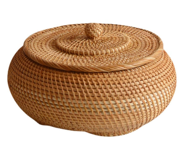 Rattan Storage Basket for Kitchen, Storage Basket for Picnic, Small Storage Baskets, Round Storage Basket with Lid, Woven Storage Baskets-LargePaintingArt.com