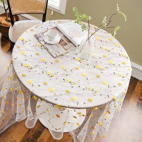 Yellow Flower Lace Tablecloths, Extra Large Rectangular Tablecloth for Oval Table, Lace Embroidered Table Covers, Rectangular Table Covers for Coffee Table-LargePaintingArt.com
