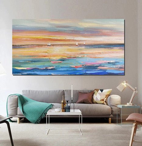 Oversized Canvas Painting for Sale, Simple Painting Ideas for Dining Room, Acrylic Painting on Canvas, Modern Acrylic Canvas Painting, Sail Boat Paintings-LargePaintingArt.com