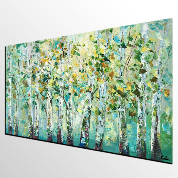 Birch Tree Painting, Abstract Autumn Painting, Heavy Texture Painting, Custom Landscape Painting-LargePaintingArt.com