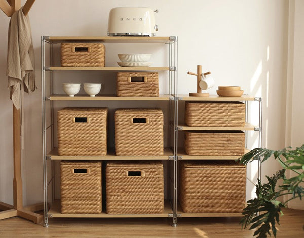 Extra Large Storage Baskets for Clothes, Oversized Rectangular Storage Basket with Lid, Wicker Rattan Storage Basket for Shelves, Storage Baskets for Bedroom-LargePaintingArt.com