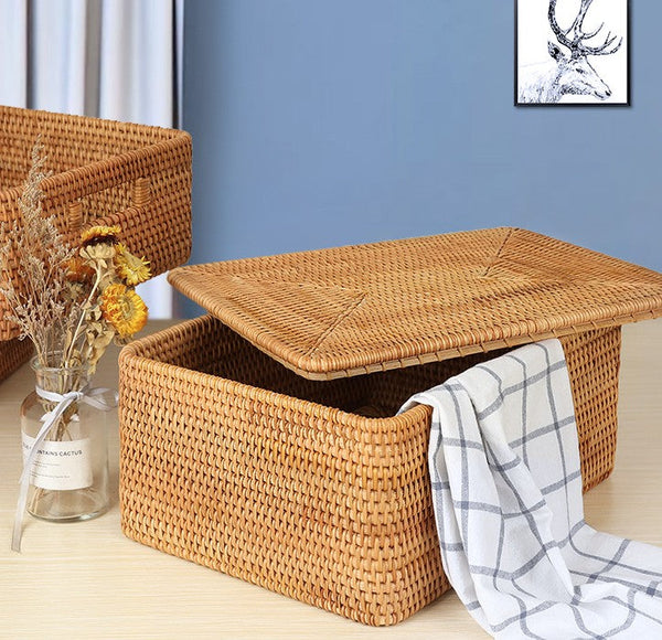 Storage Baskets with Lid, Rectangular Storage Baskets, Storage Baskets for Clothes, Pantry Storage Baskets, Rattan Woven Storage Basket for Bedroom-LargePaintingArt.com