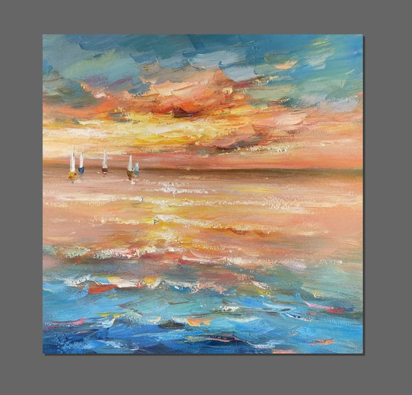 Contemporary Modern Artwork, Abstract Landscape Wall Art for Bedroom, Sail Boat at Sea, Large Modern Canvas Painting, Hand Painted Wall Art Painting-LargePaintingArt.com
