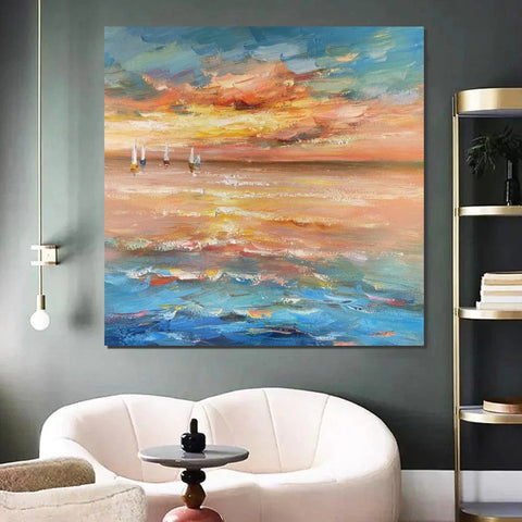 Contemporary Modern Artwork, Abstract Landscape Wall Art for Bedroom, Sail Boat at Sea, Large Modern Canvas Painting, Hand Painted Wall Art Painting-LargePaintingArt.com