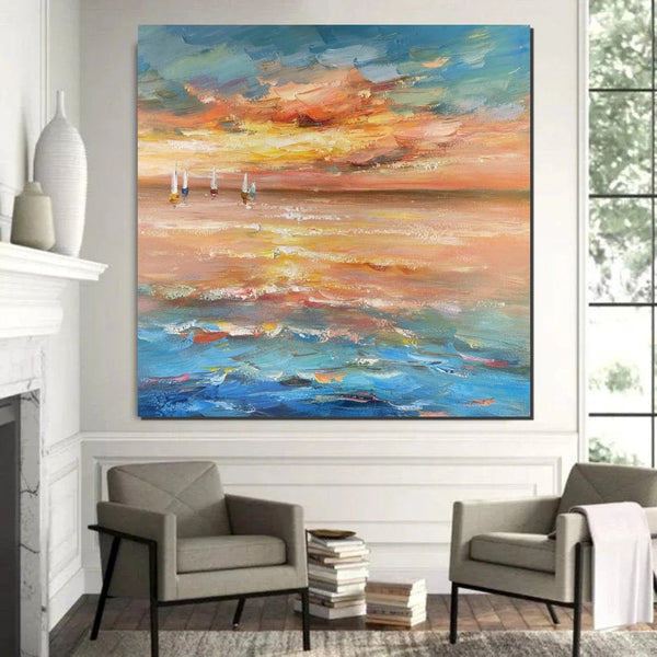 Contemporary Modern Artwork, Abstract Landscape Wall Art for Bedroom, Sail Boat at Sea, Large Modern Canvas Painting, Hand Painted Wall Art Painting-LargePaintingArt.com