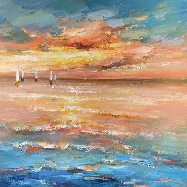 Contemporary Modern Artwork, Abstract Landscape Wall Art for Bedroom, Sail Boat at Sea, Large Modern Canvas Painting, Hand Painted Wall Art Painting-LargePaintingArt.com