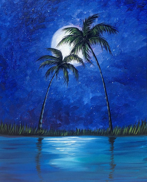 Small Moon Palm Tree Painting, Simple Landscape Artwork, Easy Hand Paitned Canvas Art on Canvas, Easy Painting Ideas on Canvas, Simple Acrylic Paintings-LargePaintingArt.com